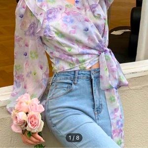 Allover Floral Ruffle Trim Knot Side Wrap multicolor Blue Purple Green wrap top